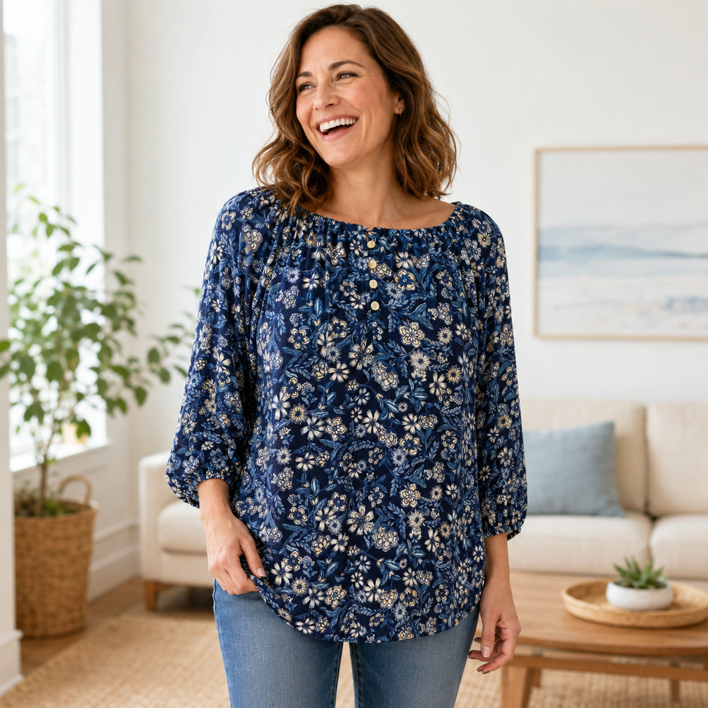 Old Navy Women’s Petite Large Blue Floral Peasant Blouse Boho 3/4 Sleeve